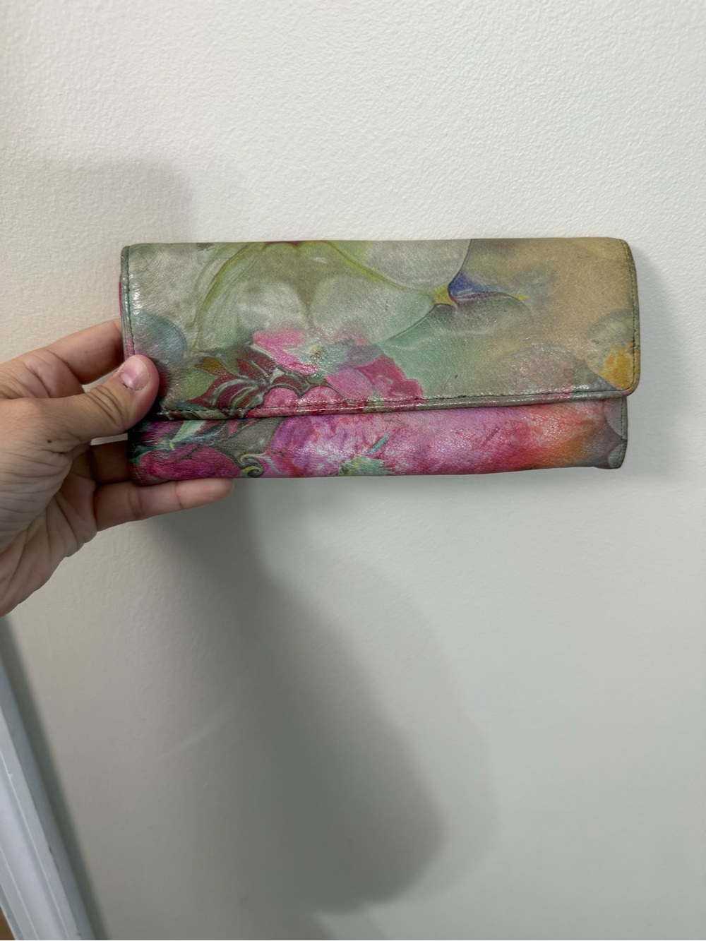Hobo International Floral Trifold Wallet Leather Colorful Boho Chic Watercolor